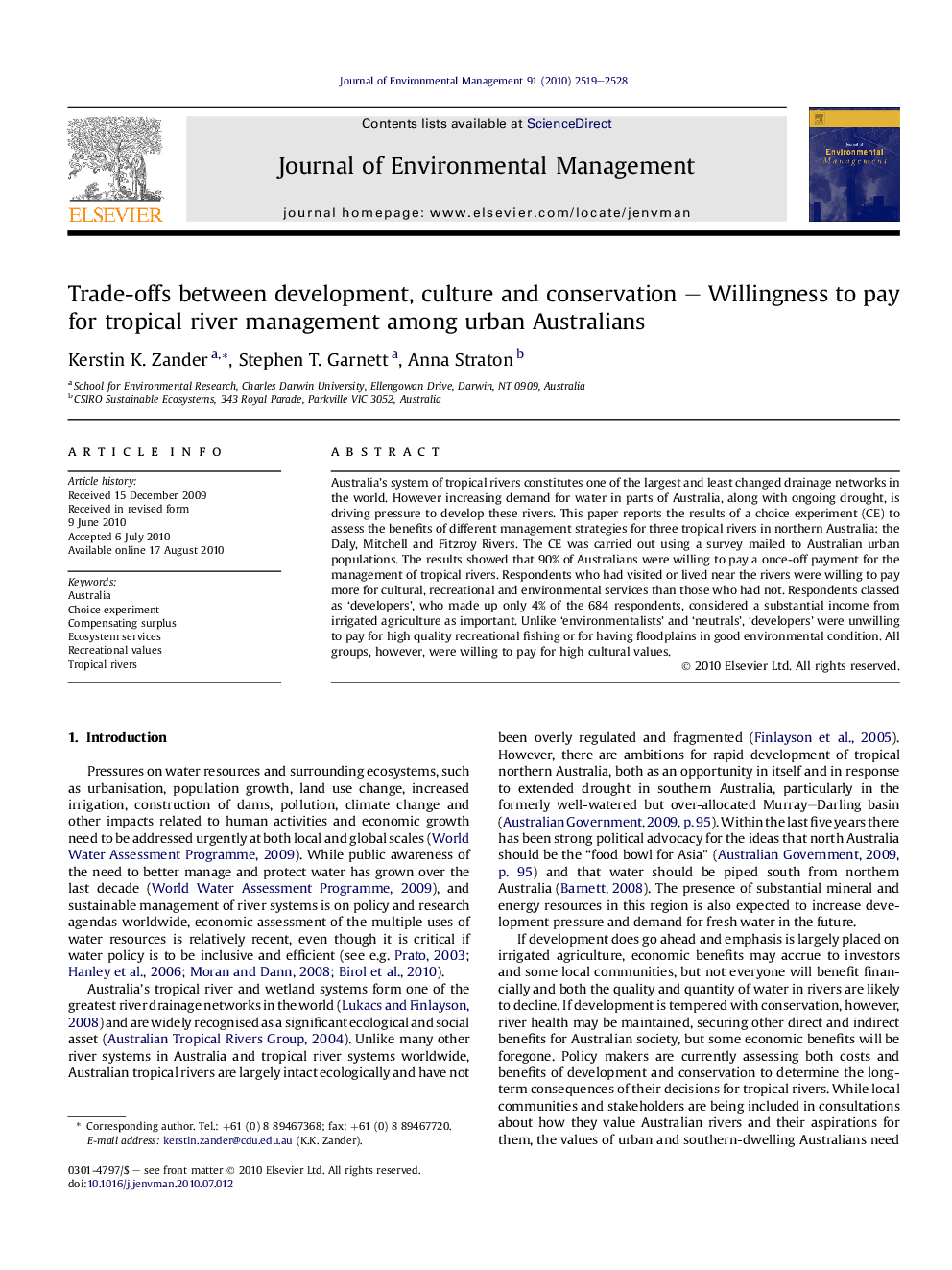 Trade-offs between development, culture and conservation – Willingness to pay for tropical river management among urban Australians