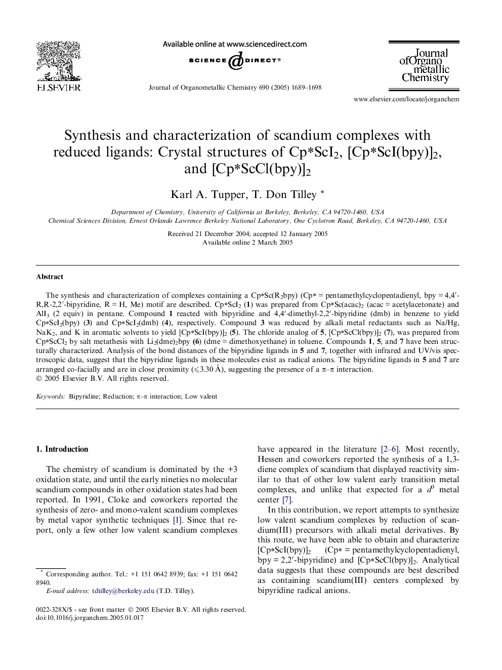 Synthesis and characterization of scandium complexes with reduced ligands: Crystal structures of CpâScI2, [CpâScI(bpy)]2, and [CpâScCl(bpy)]2