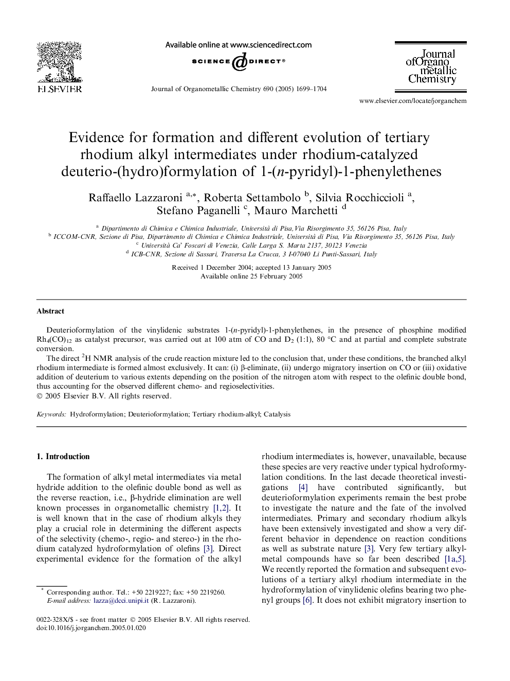 Evidence for formation and different evolution of tertiary rhodium alkyl intermediates under rhodium-catalyzed deuterio-(hydro)formylation of 1-(n-pyridyl)-1-phenylethenes