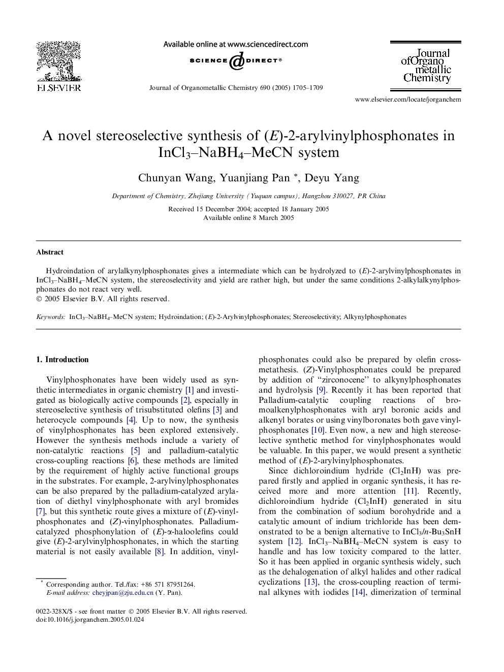 عکس صفحه اول مقاله: A novel stereoselective synthesis of (E)-2-arylvinylphosphonates in InCl3-NaBH4-MeCN system A novel stereoselective synthesis of (E)-2-arylvinylphosphonates in InCl3-NaBH4-MeCN system