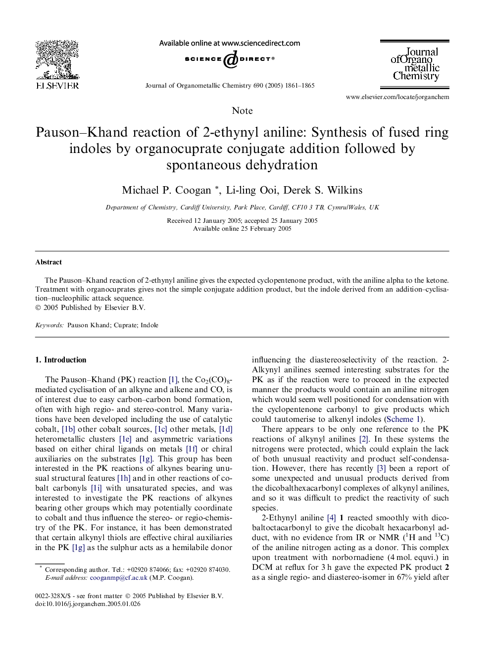 Pauson-Khand reaction of 2-ethynyl aniline: Synthesis of fused ring indoles by organocuprate conjugate addition followed by spontaneous dehydration