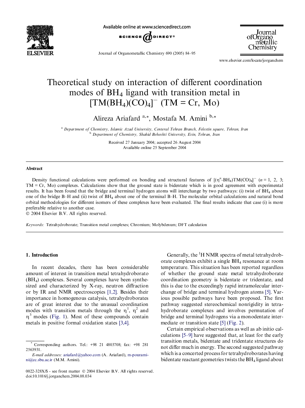 Theoretical study on interaction of different coordination modes of BH4 ligand with transition metal in [TM(BH4)(CO)4]â (TMÂ =Â Cr, Mo)