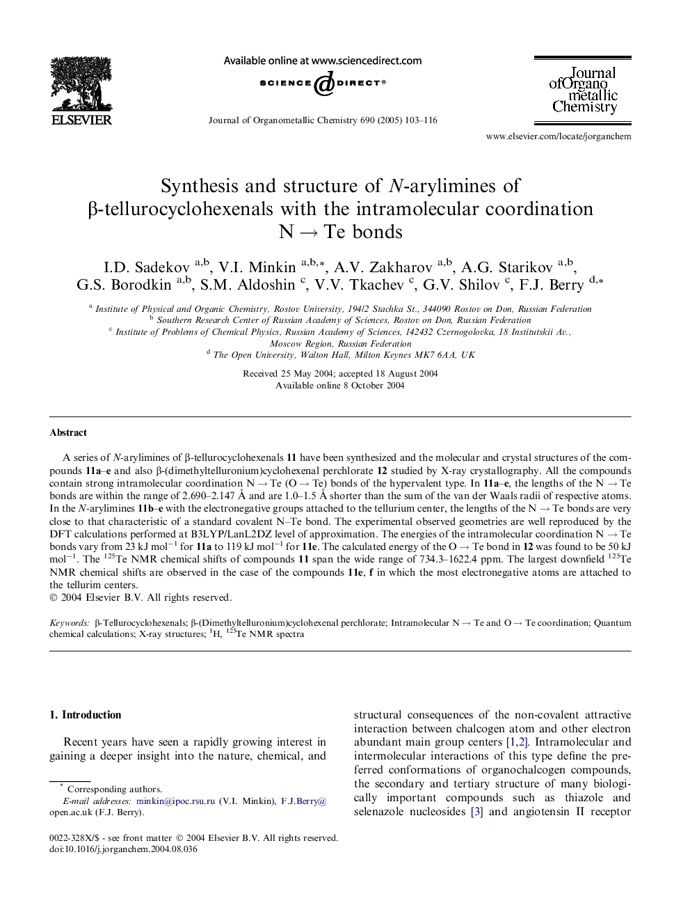 Synthesis and structure of N-arylimines of Î²-tellurocyclohexenals with the intramolecular coordination NÂ âÂ Te bonds