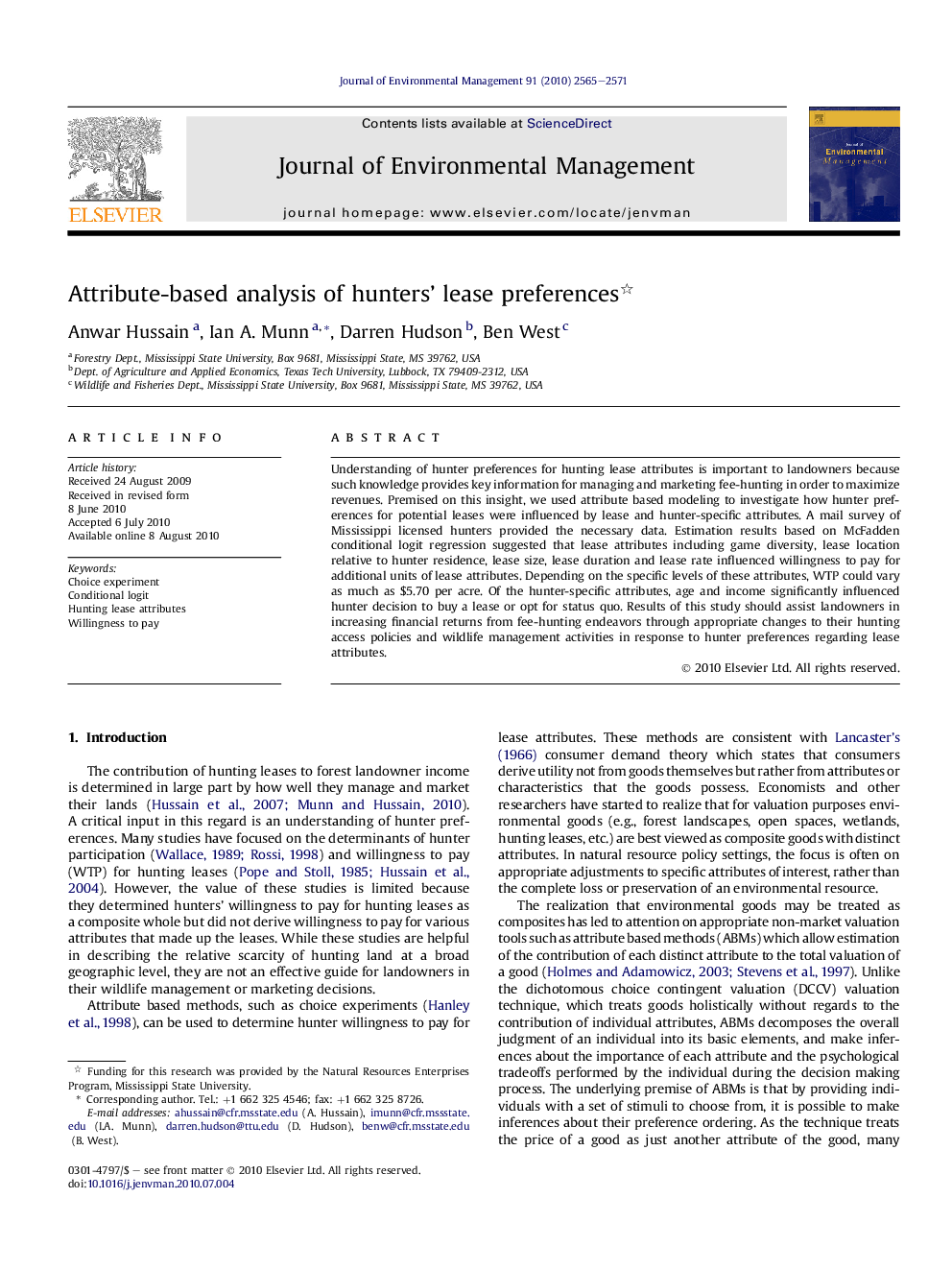 Attribute-based analysis of hunters’ lease preferences 