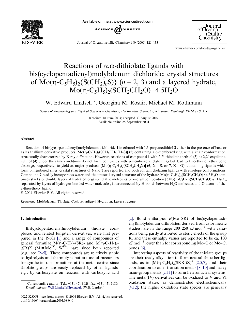 Reactions of Î±,Ï-dithiolate ligands with bis(cyclopentadienyl)molybdenum dichloride; crystal structures of Mo(Î·-C5H5)2{S(CH2)nS)} (nÂ =Â 2, 3) and a layered hydrate, Mo(Î·-C5H5)2(SCH2CH2O)Â Â·Â 4.5H2O