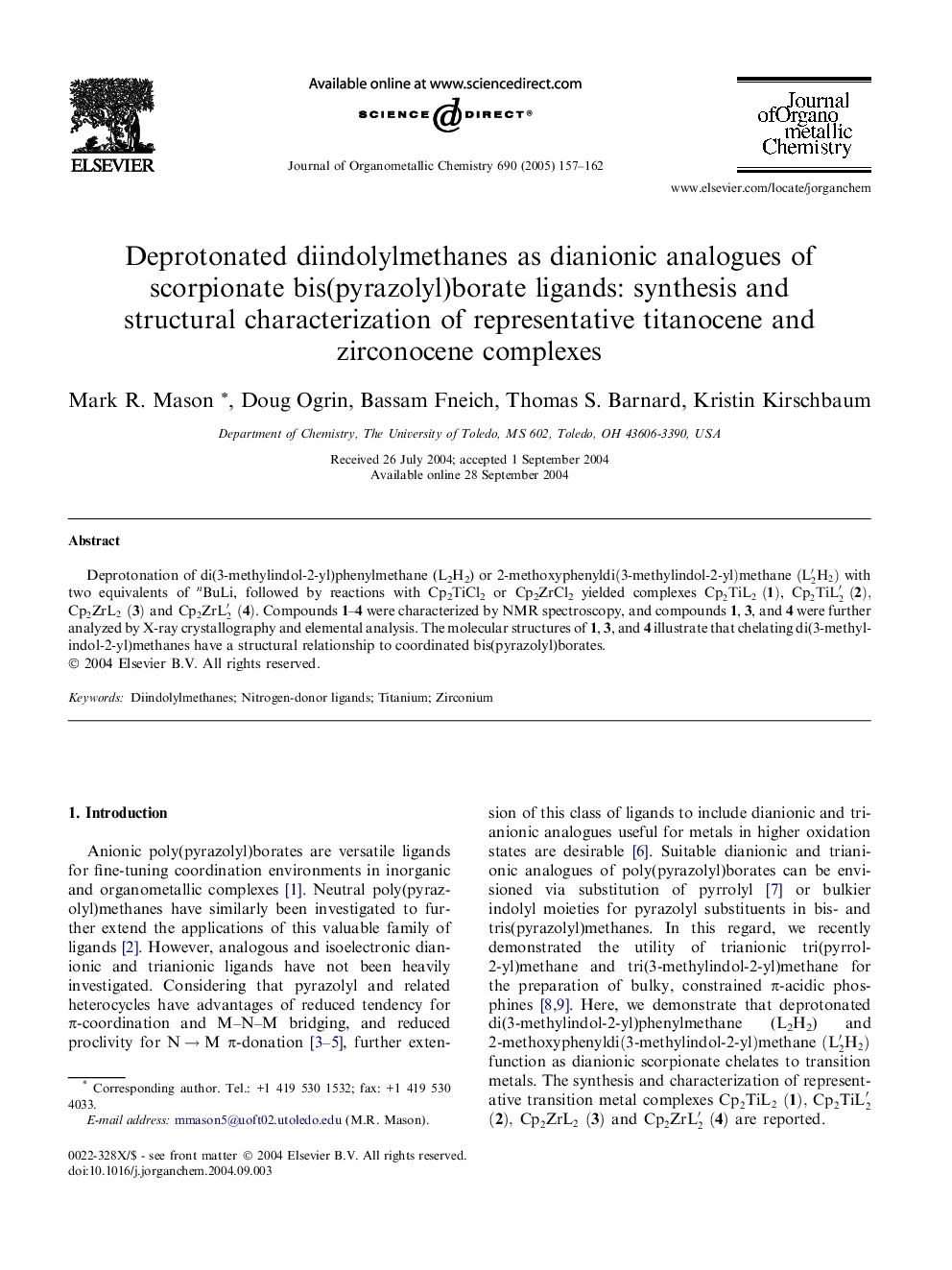 عکس صفحه اول مقاله: Deprotonated diindolylmethanes as dianionic analogues of scorpionate bis(pyrazolyl)borate ligands: synthesis and structural characterization of representative titanocene and zirconocene complexes Deprotonated diindolylmethanes as dianionic analogues of scorpionate bis(pyrazolyl)borate ligands: synthesis and structural characterization of representative titanocene and zirconocene complexes