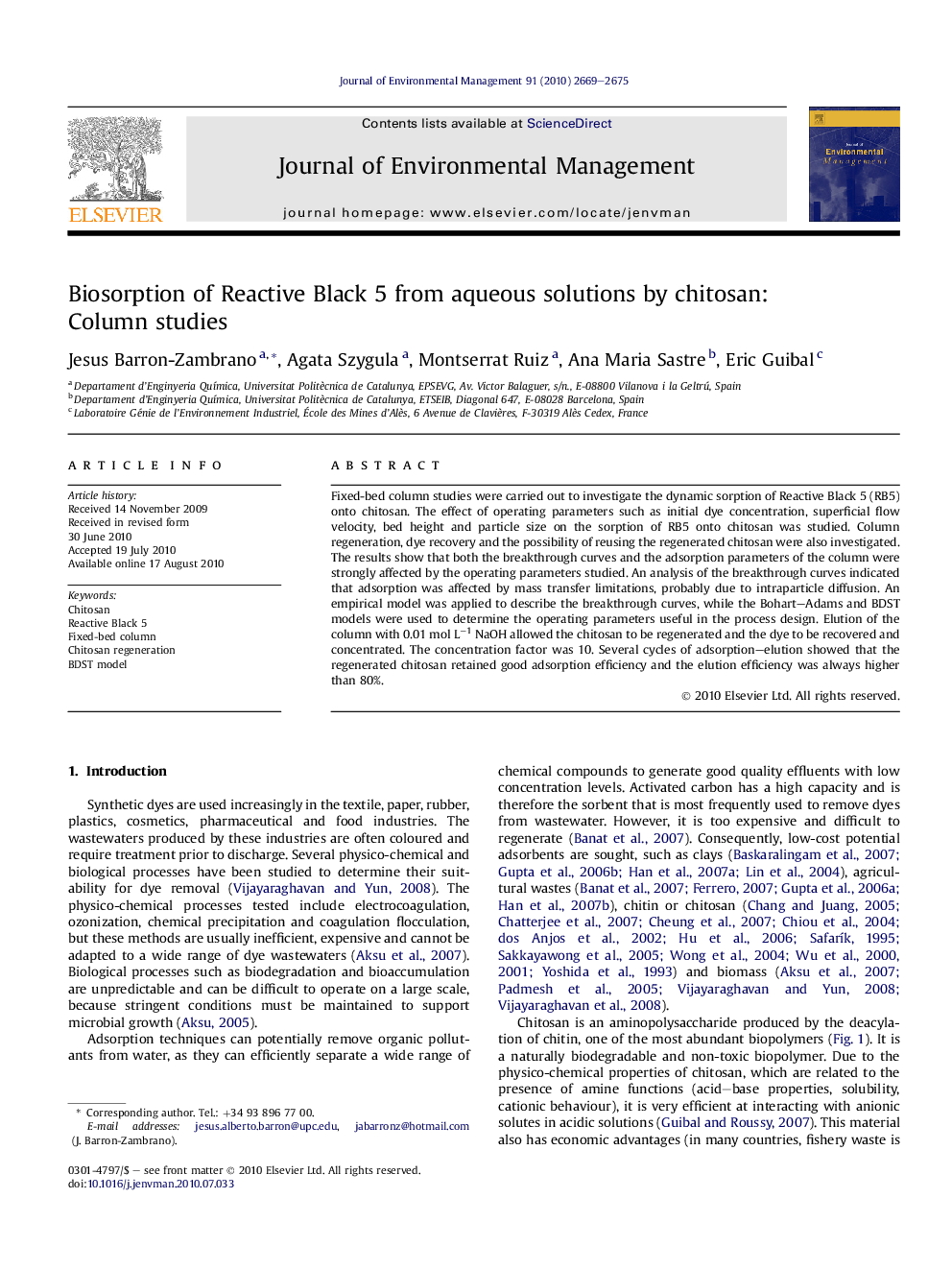 Biosorption of Reactive Black 5 from aqueous solutions by chitosan: Column studies