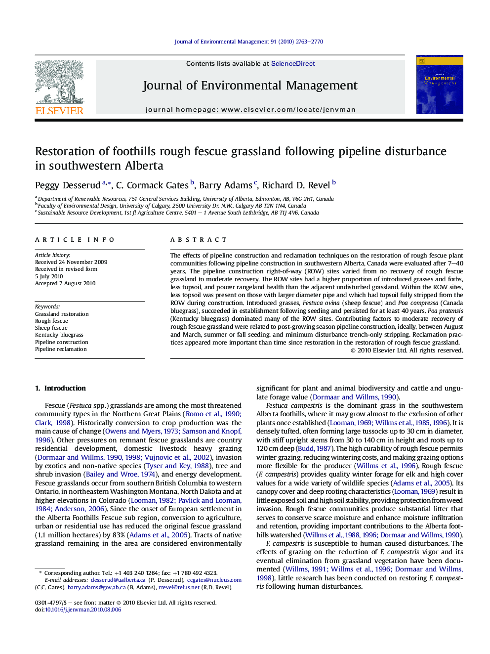 Restoration of foothills rough fescue grassland following pipeline disturbance in southwestern Alberta