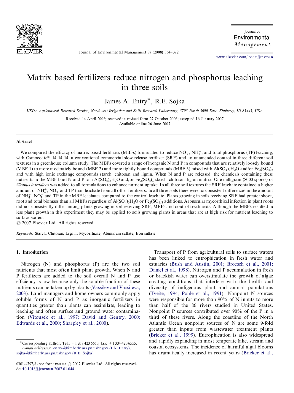 Matrix based fertilizers reduce nitrogen and phosphorus leaching in three soils