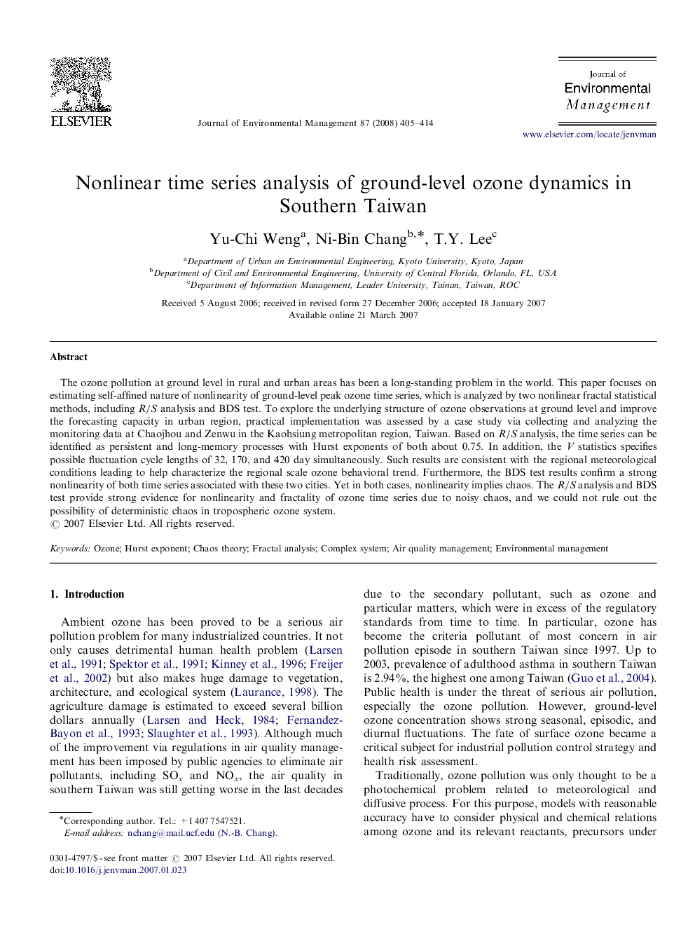 Nonlinear time series analysis of ground-level ozone dynamics in Southern Taiwan