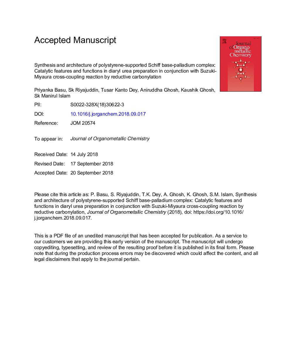 Synthesis and architecture of polystyrene-supported Schiff base-palladium complex: Catalytic features and functions in diaryl urea preparation in conjunction with Suzuki-Miyaura cross-coupling reaction by reductive carbonylation