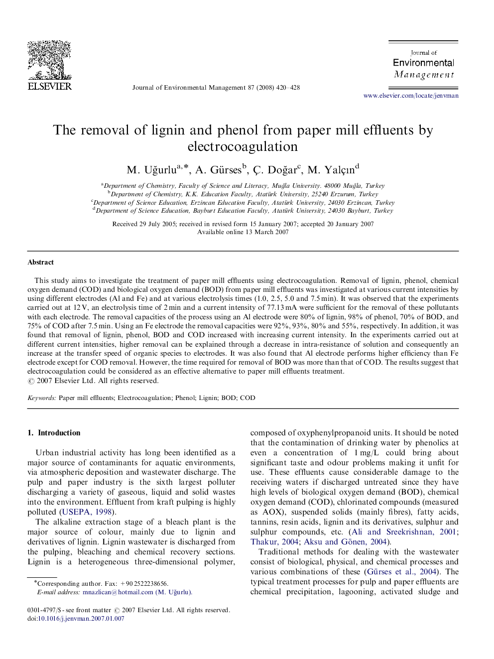 The removal of lignin and phenol from paper mill effluents by electrocoagulation