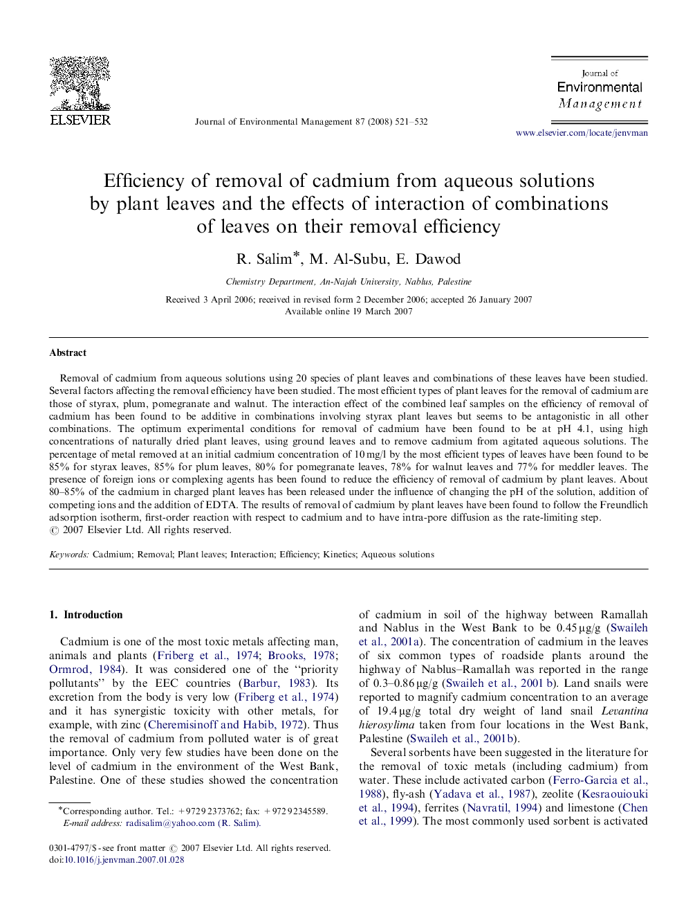 Efficiency of removal of cadmium from aqueous solutions by plant leaves and the effects of interaction of combinations of leaves on their removal efficiency