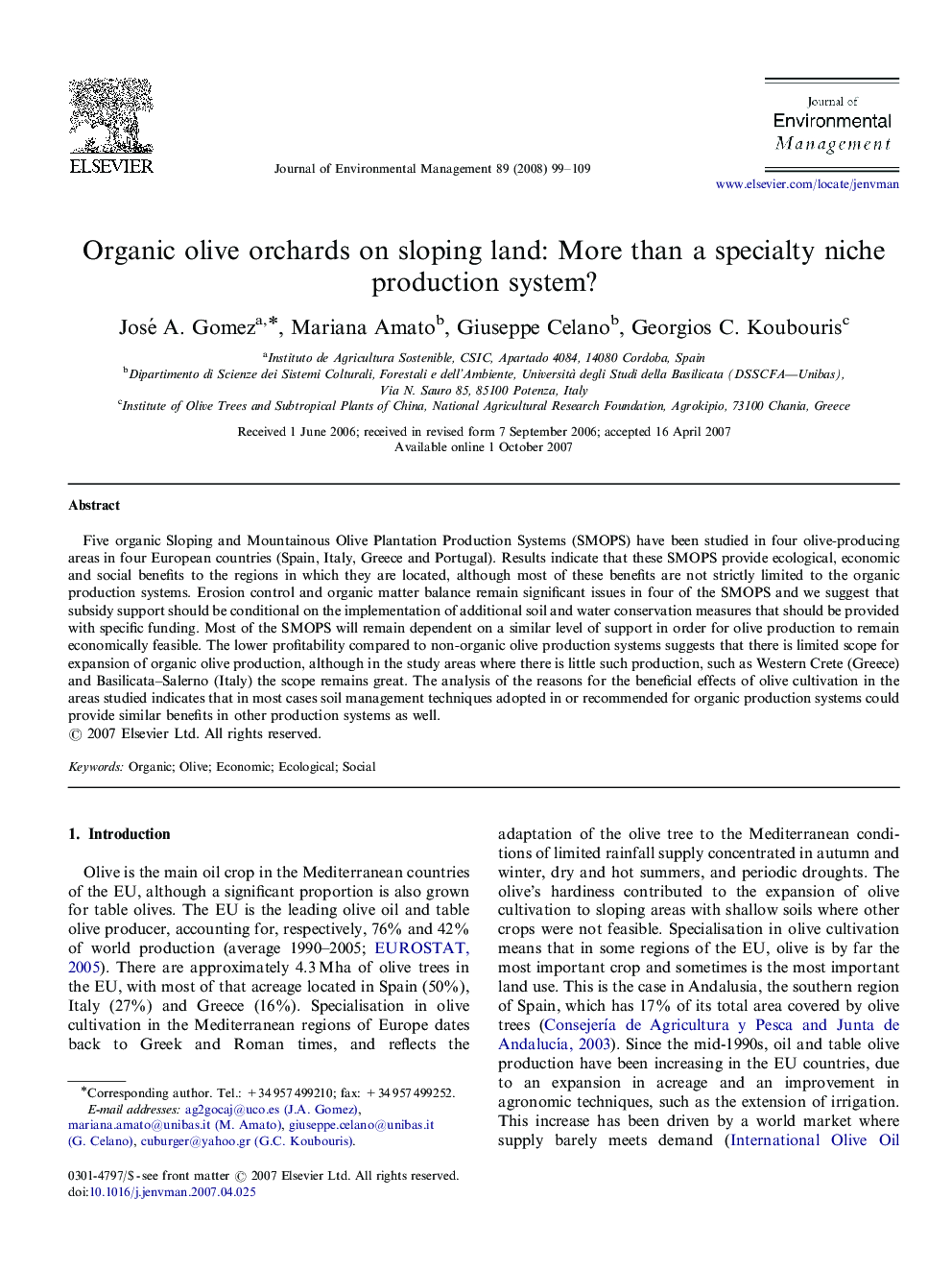 Organic olive orchards on sloping land: More than a specialty niche production system?