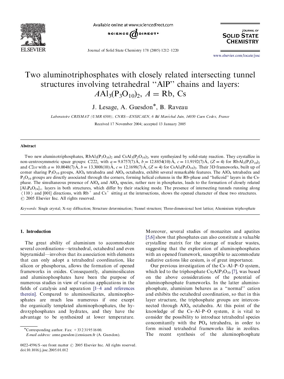 Two aluminotriphosphates with closely related intersecting tunnel structures involving tetrahedral “AlP” chains and layers: AAl3(P3O10)2, A=Rb, Cs