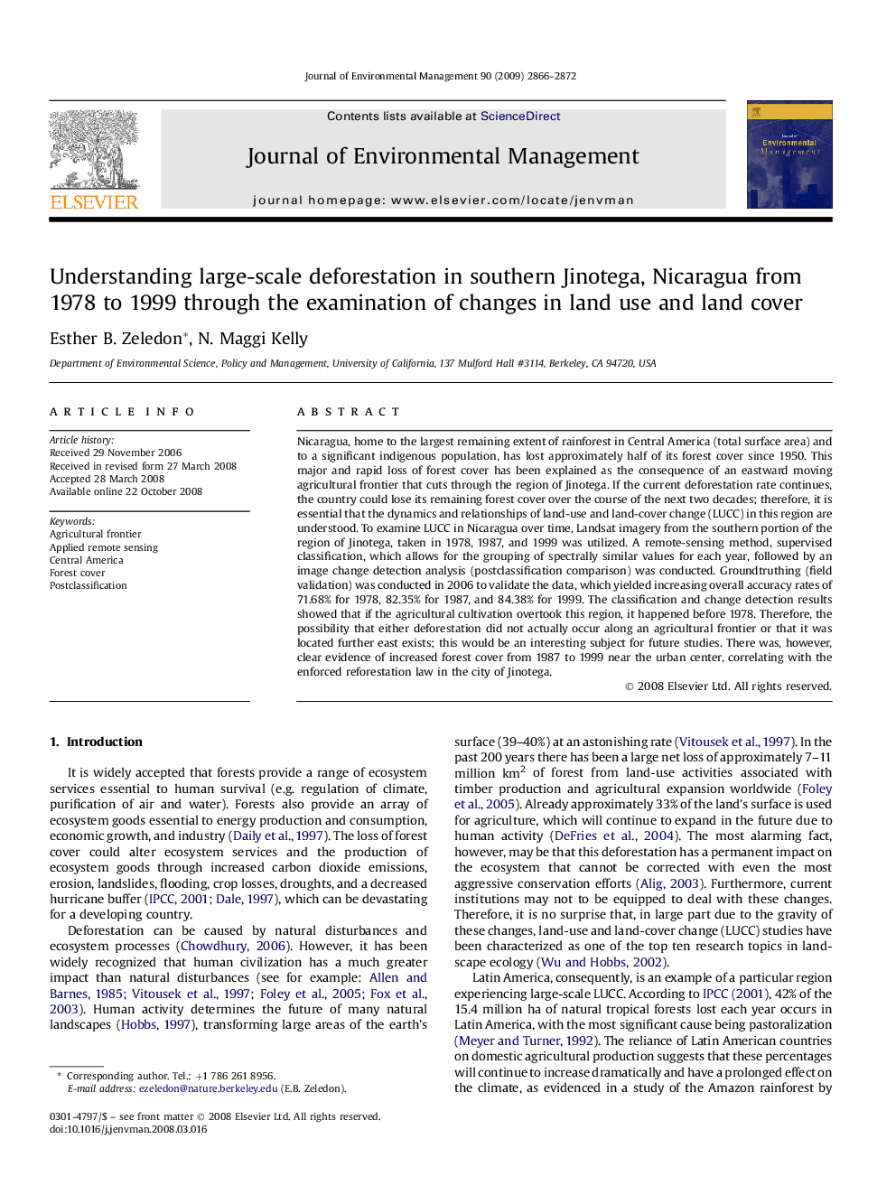 Understanding large-scale deforestation in southern Jinotega, Nicaragua from 1978 to 1999 through the examination of changes in land use and land cover