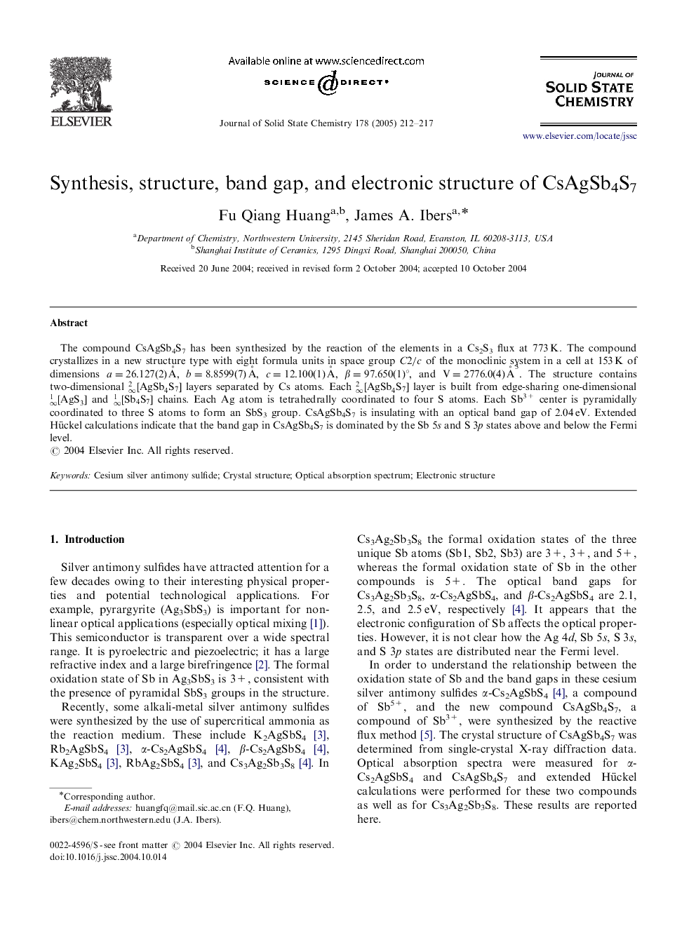 Synthesis, structure, band gap, and electronic structure of CsAgSb4S7