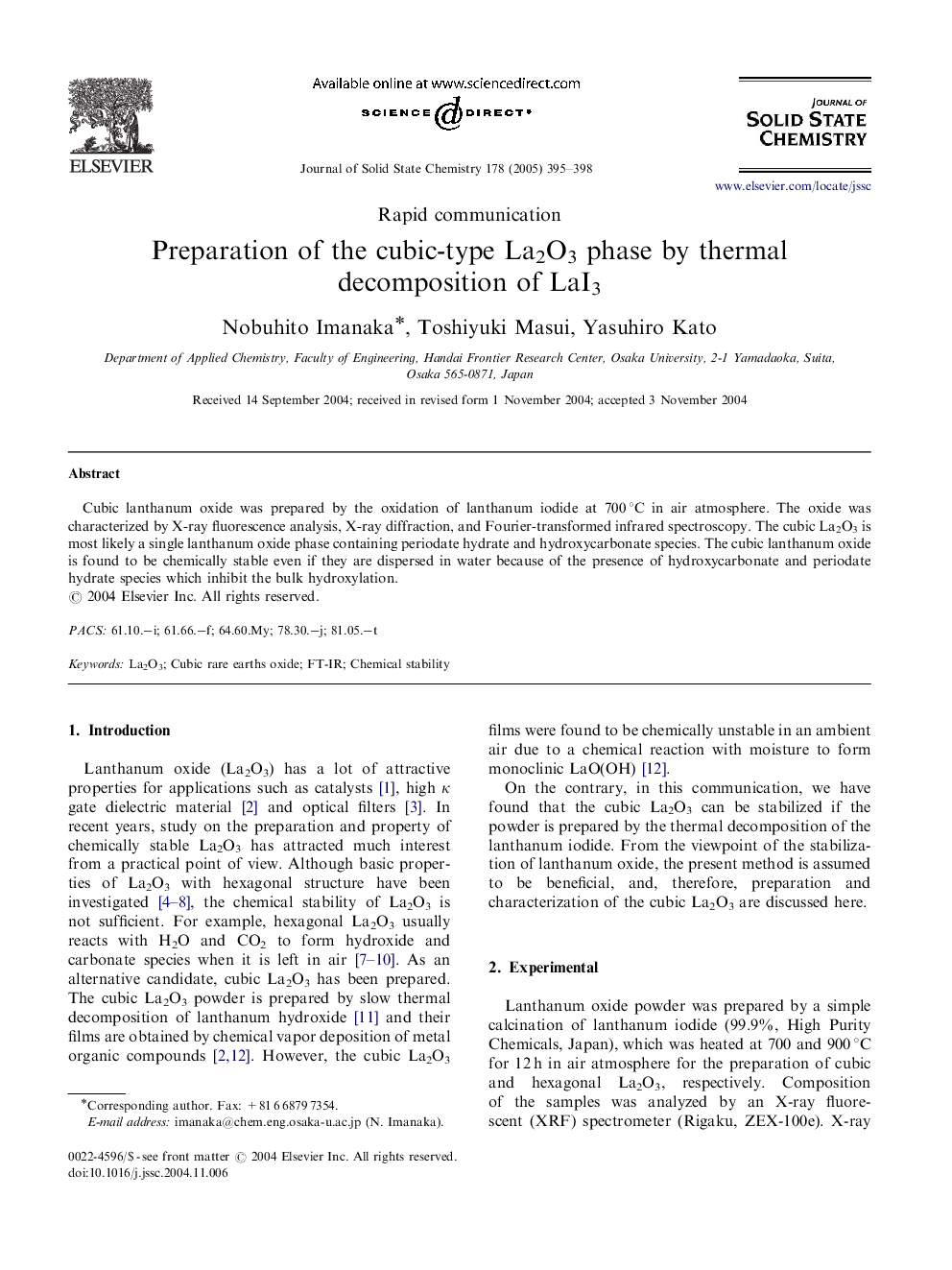 Preparation of the cubic-type La2O3 phase by thermal decomposition of LaI3