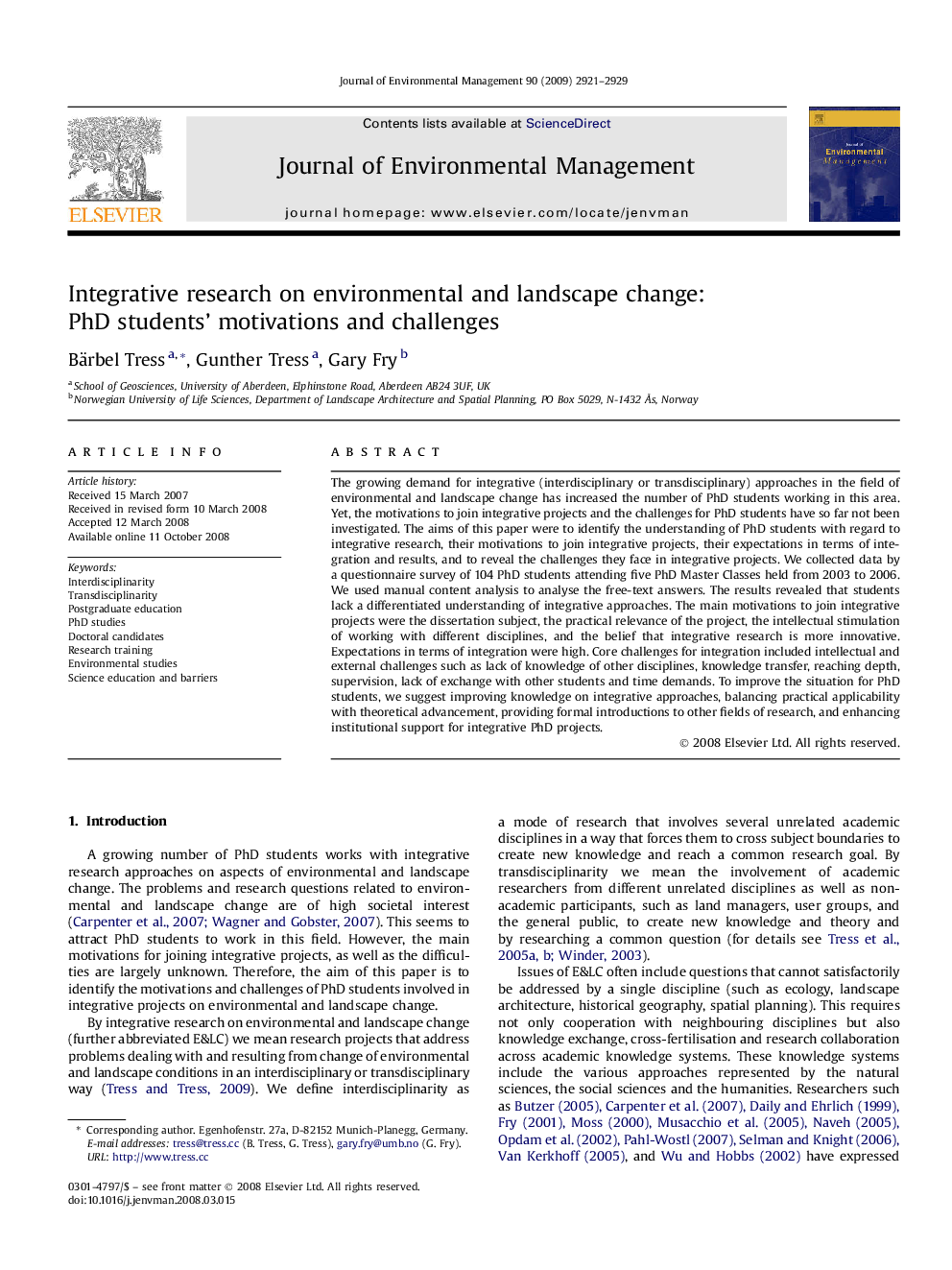 Integrative research on environmental and landscape change: PhD students’ motivations and challenges