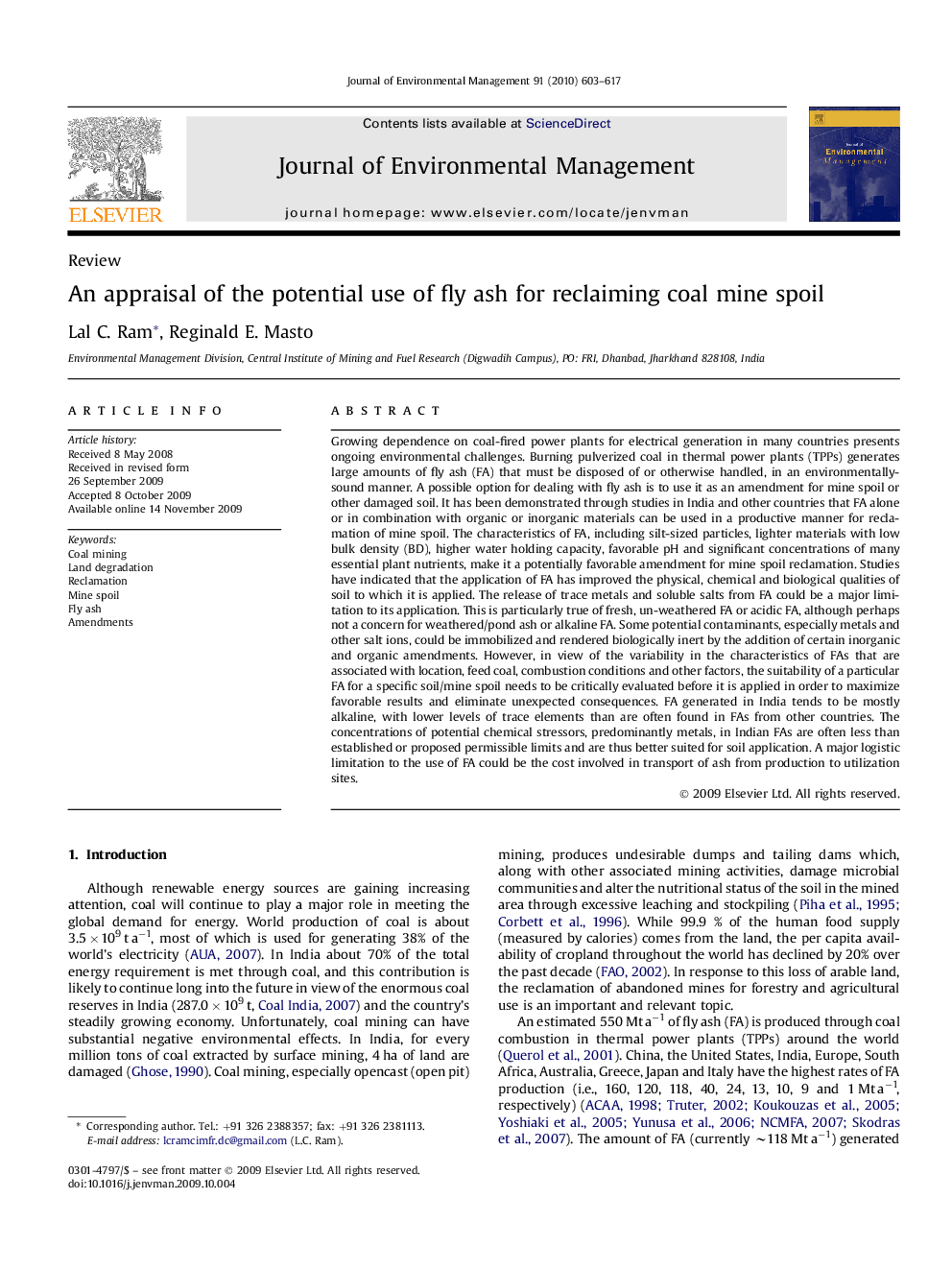 An appraisal of the potential use of fly ash for reclaiming coal mine spoil