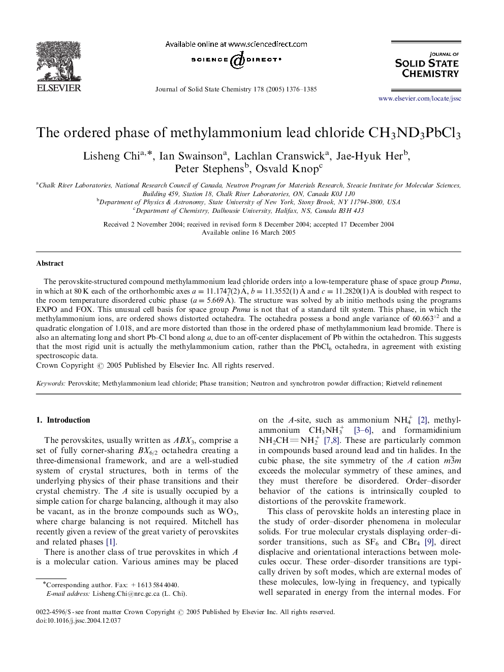 عکس صفحه اول مقاله: The ordered phase of methylammonium lead chloride CH3ND3PbCl3 The ordered phase of methylammonium lead chloride CH3ND3PbCl3