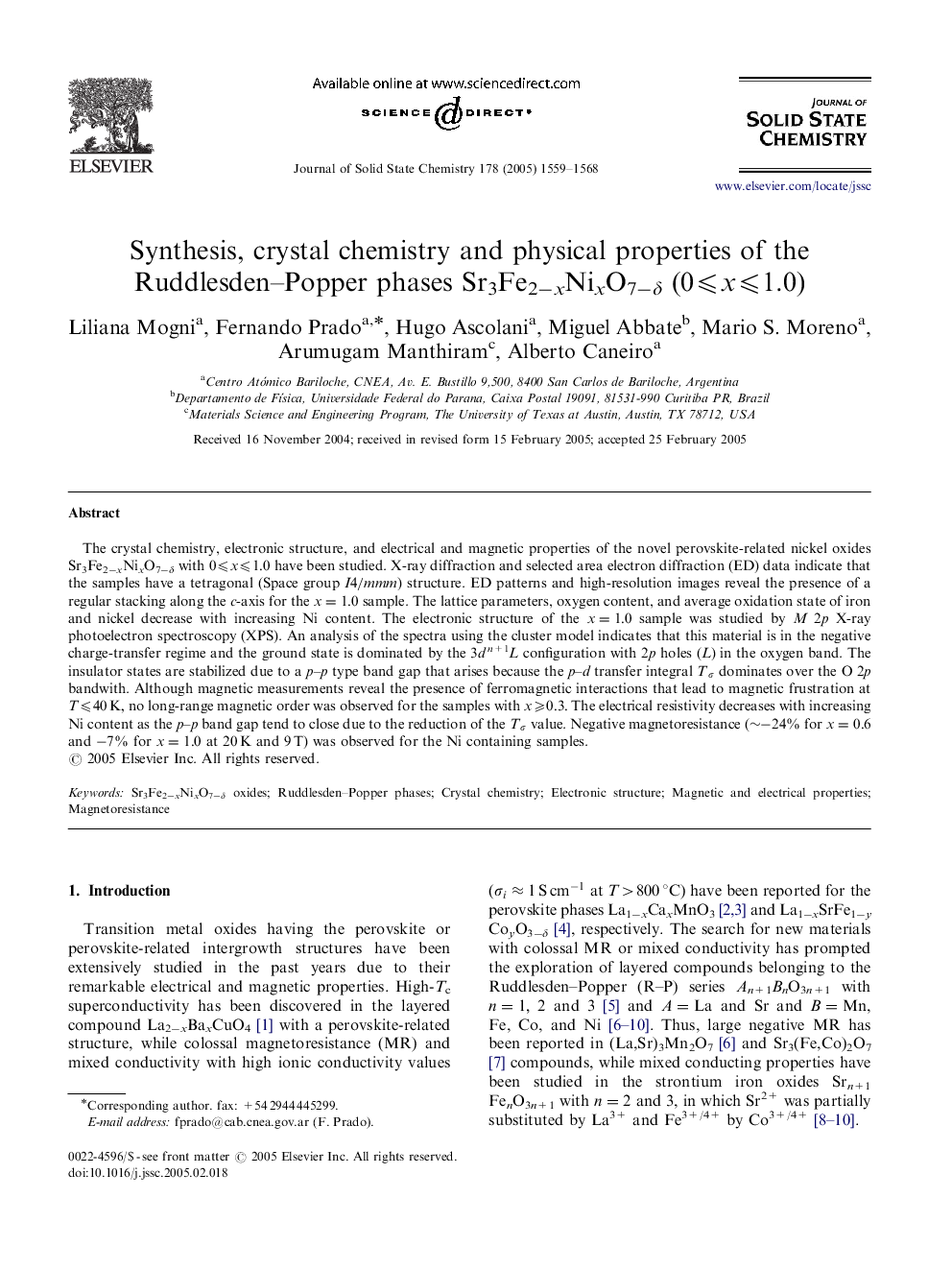 Synthesis, crystal chemistry and physical properties of the Ruddlesden-Popper phases Sr3Fe2âxNixO7âÎ´ (0â©½xâ©½1.0)