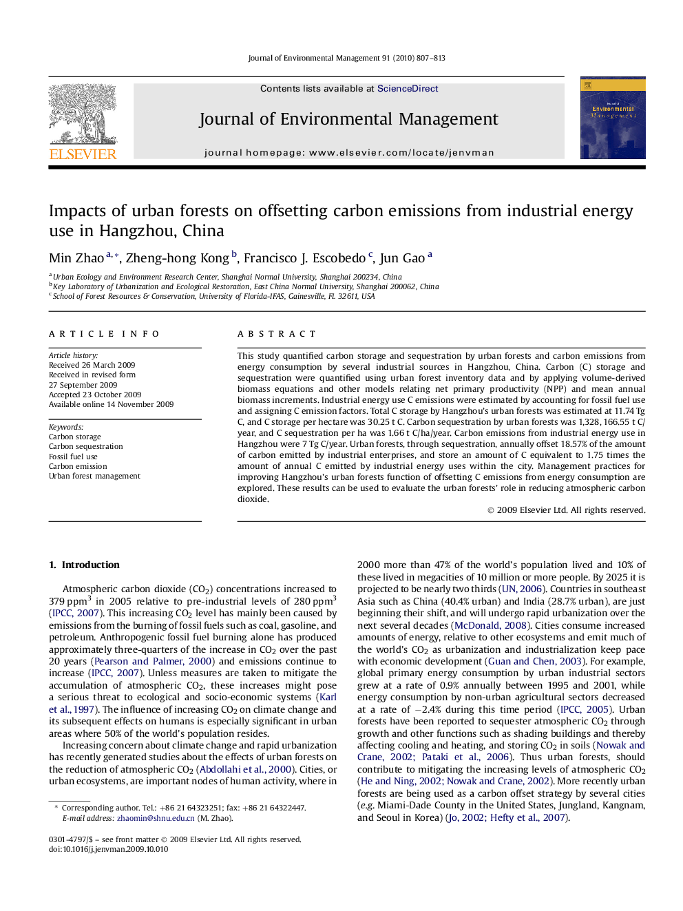 Impacts of urban forests on offsetting carbon emissions from industrial energy use in Hangzhou, China