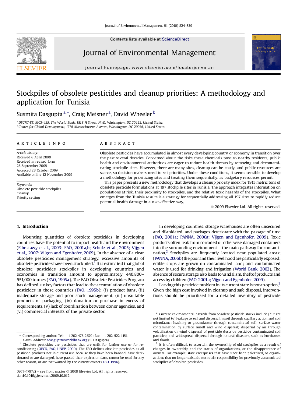 Stockpiles of obsolete pesticides and cleanup priorities: A methodology and application for Tunisia