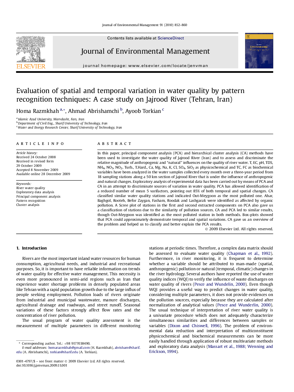 Evaluation of spatial and temporal variation in water quality by pattern recognition techniques: A case study on Jajrood River (Tehran, Iran)