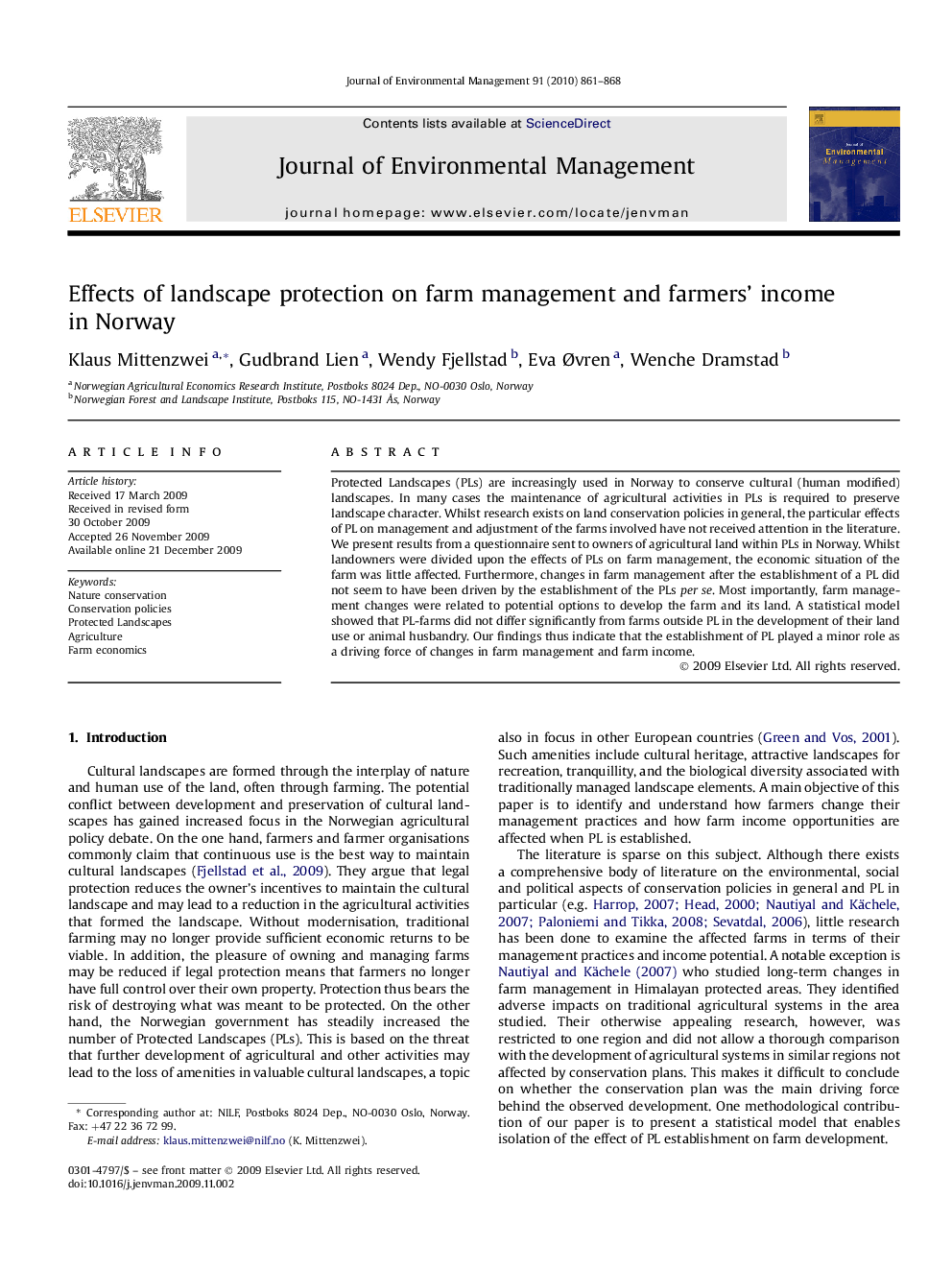 Effects of landscape protection on farm management and farmers' income in Norway