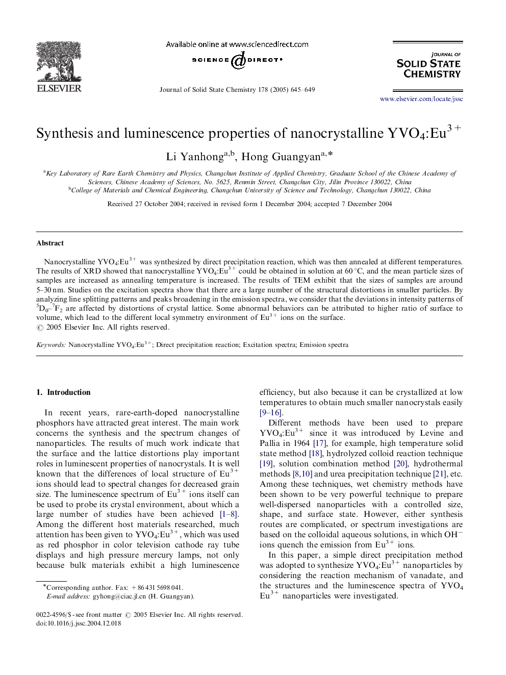 Synthesis and luminescence properties of nanocrystalline YVO4:Eu3+