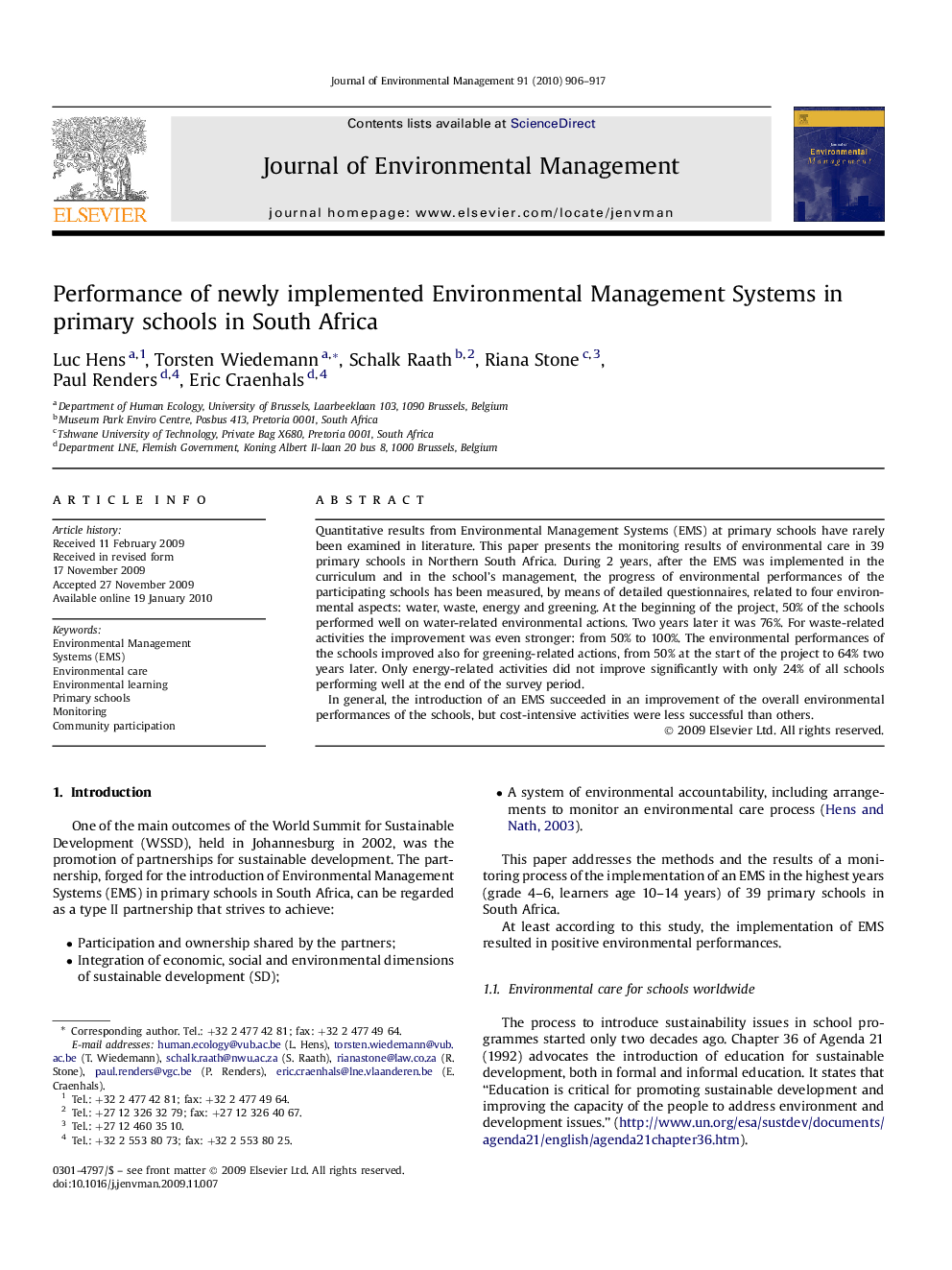 Performance of newly implemented Environmental Management Systems in primary schools in South Africa