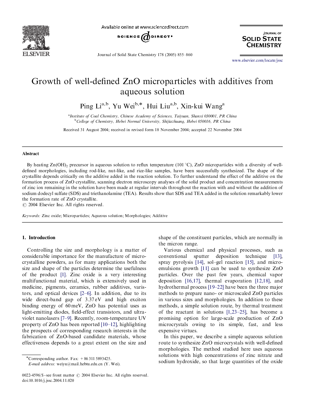 Growth of well-defined ZnO microparticles with additives from aqueous solution