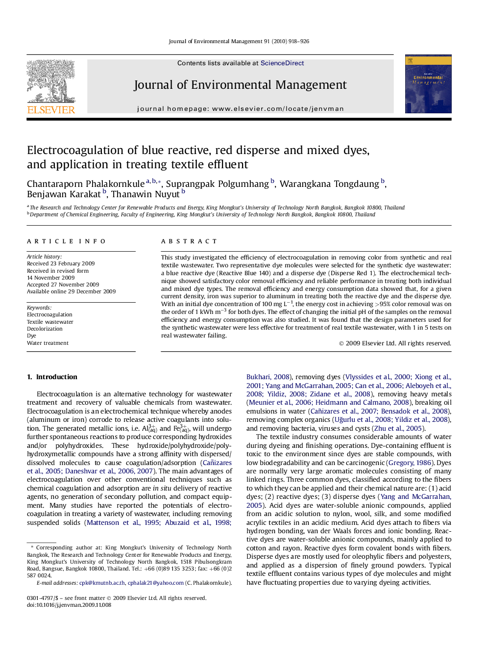 Electrocoagulation of blue reactive, red disperse and mixed dyes, and application in treating textile effluent