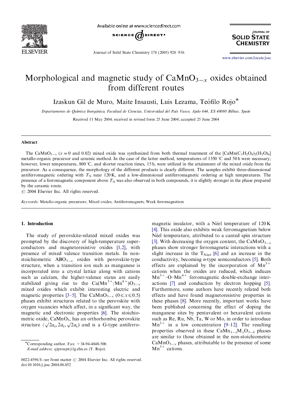 Morphological and magnetic study of CaMnO3âx oxides obtained from different routes