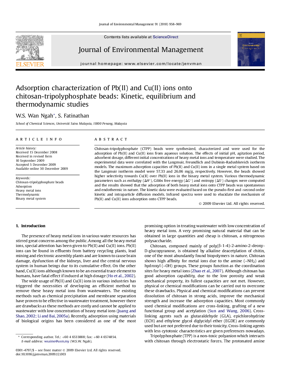 Adsorption characterization of Pb(II) and Cu(II) ions onto chitosan-tripolyphosphate beads: Kinetic, equilibrium and thermodynamic studies