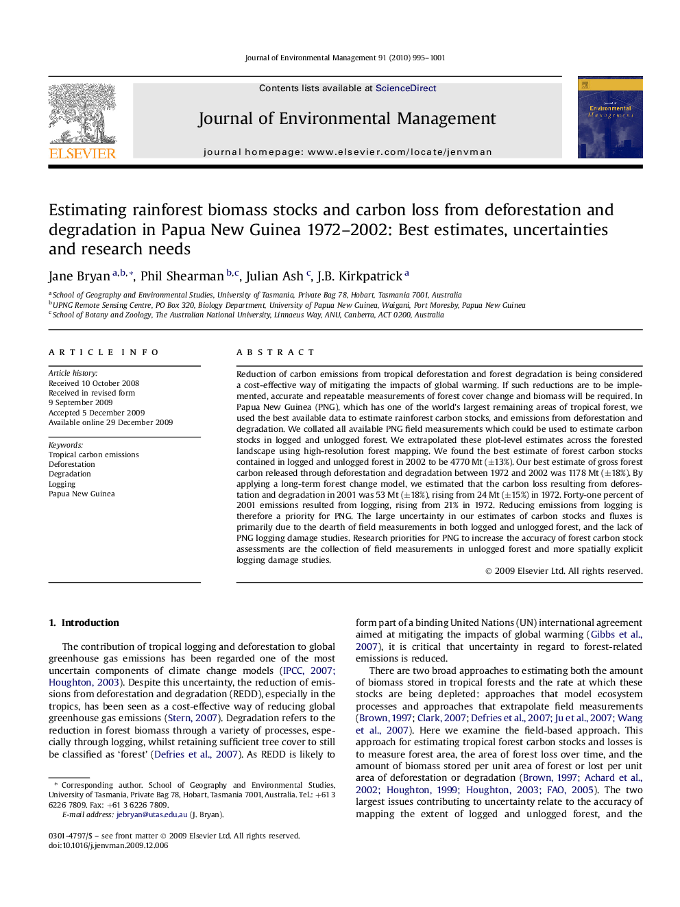 Estimating rainforest biomass stocks and carbon loss from deforestation and degradation in Papua New Guinea 1972–2002: Best estimates, uncertainties and research needs