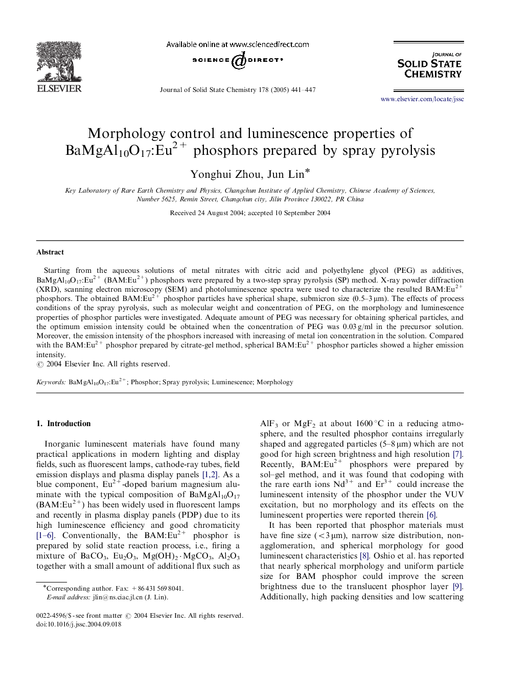 Morphology control and luminescence properties of BaMgAl10O17:Eu2+ phosphors prepared by spray pyrolysis