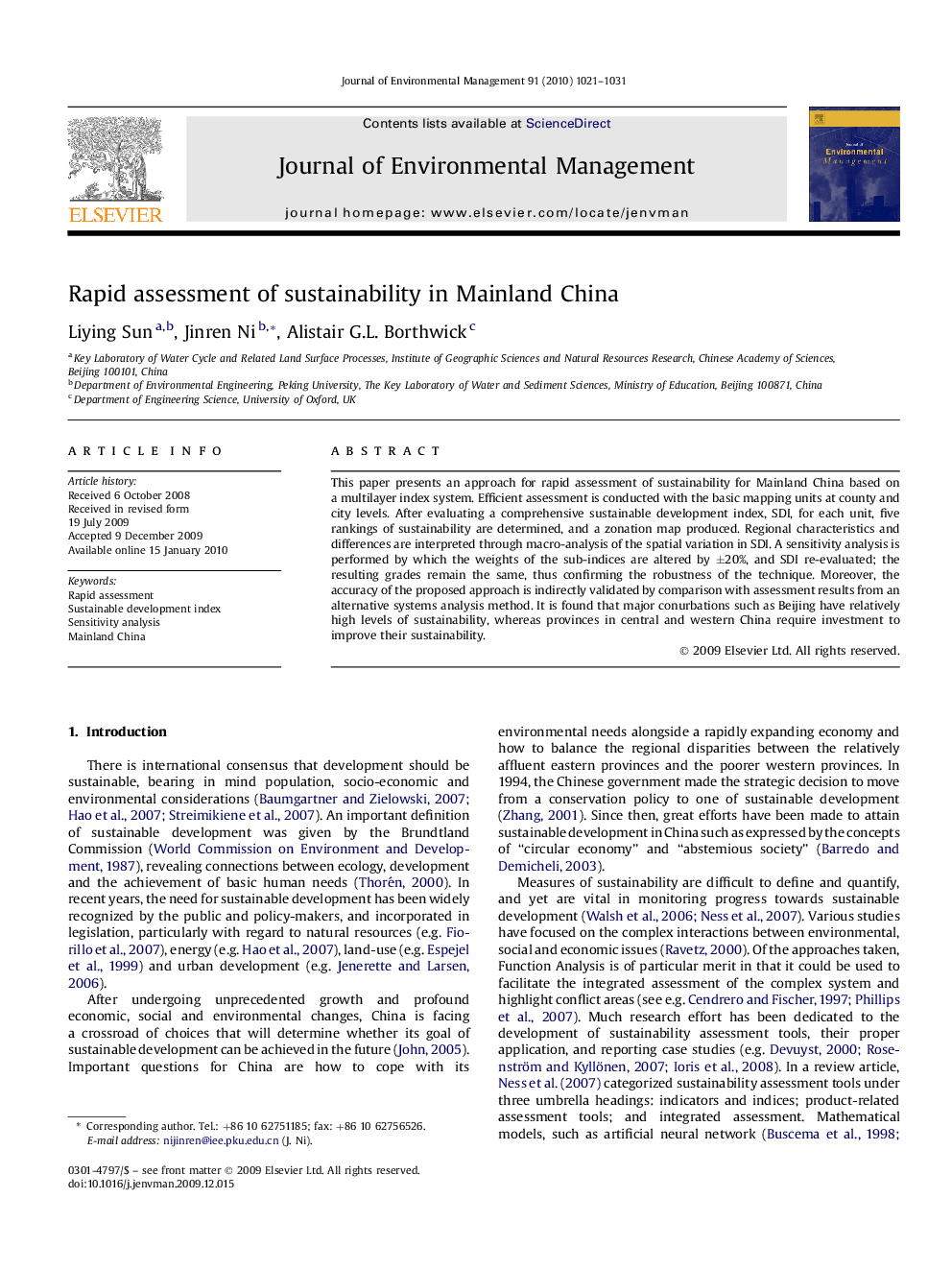 Rapid assessment of sustainability in Mainland China