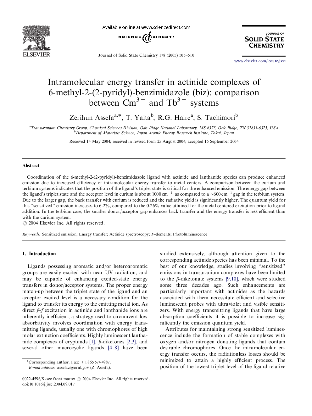 Intramolecular energy transfer in actinide complexes of 6-methyl-2-(2-pyridyl)-benzimidazole (biz): comparison between Cm3+ and Tb3+ systems