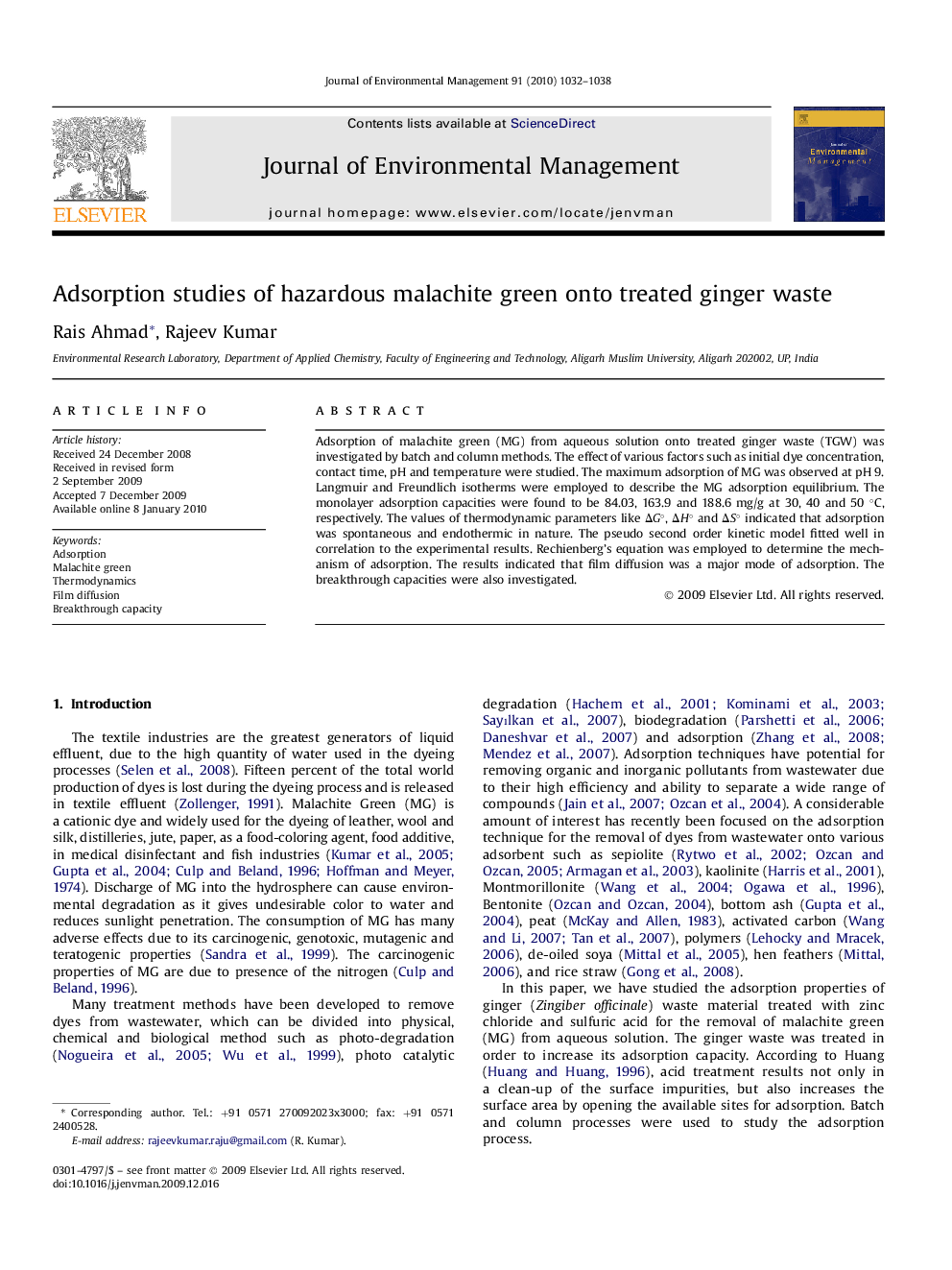 Adsorption studies of hazardous malachite green onto treated ginger waste