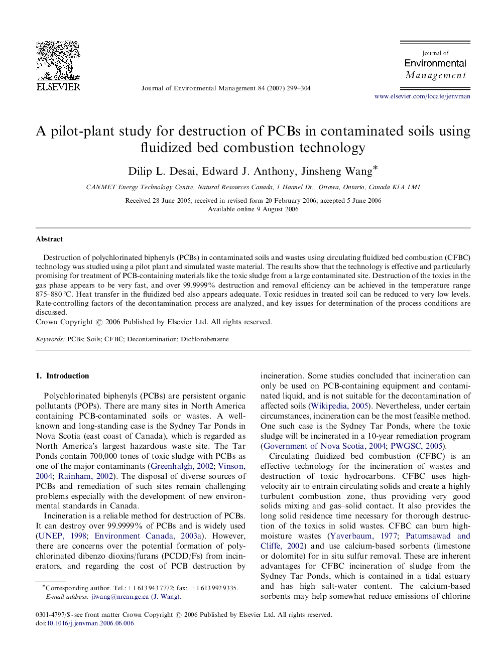 A pilot-plant study for destruction of PCBs in contaminated soils using fluidized bed combustion technology