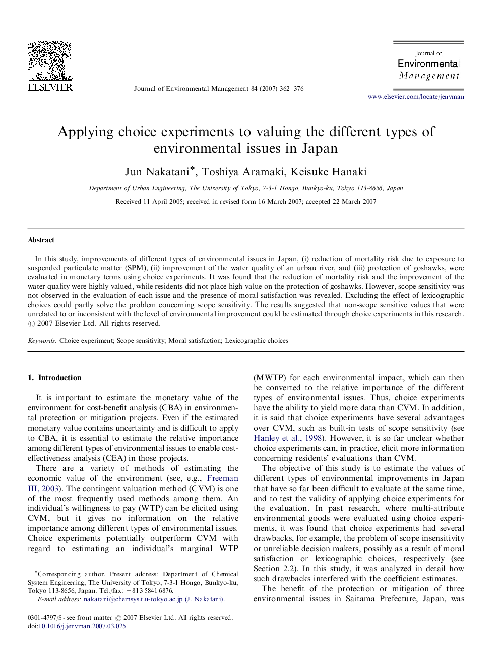 Applying choice experiments to valuing the different types of environmental issues in Japan