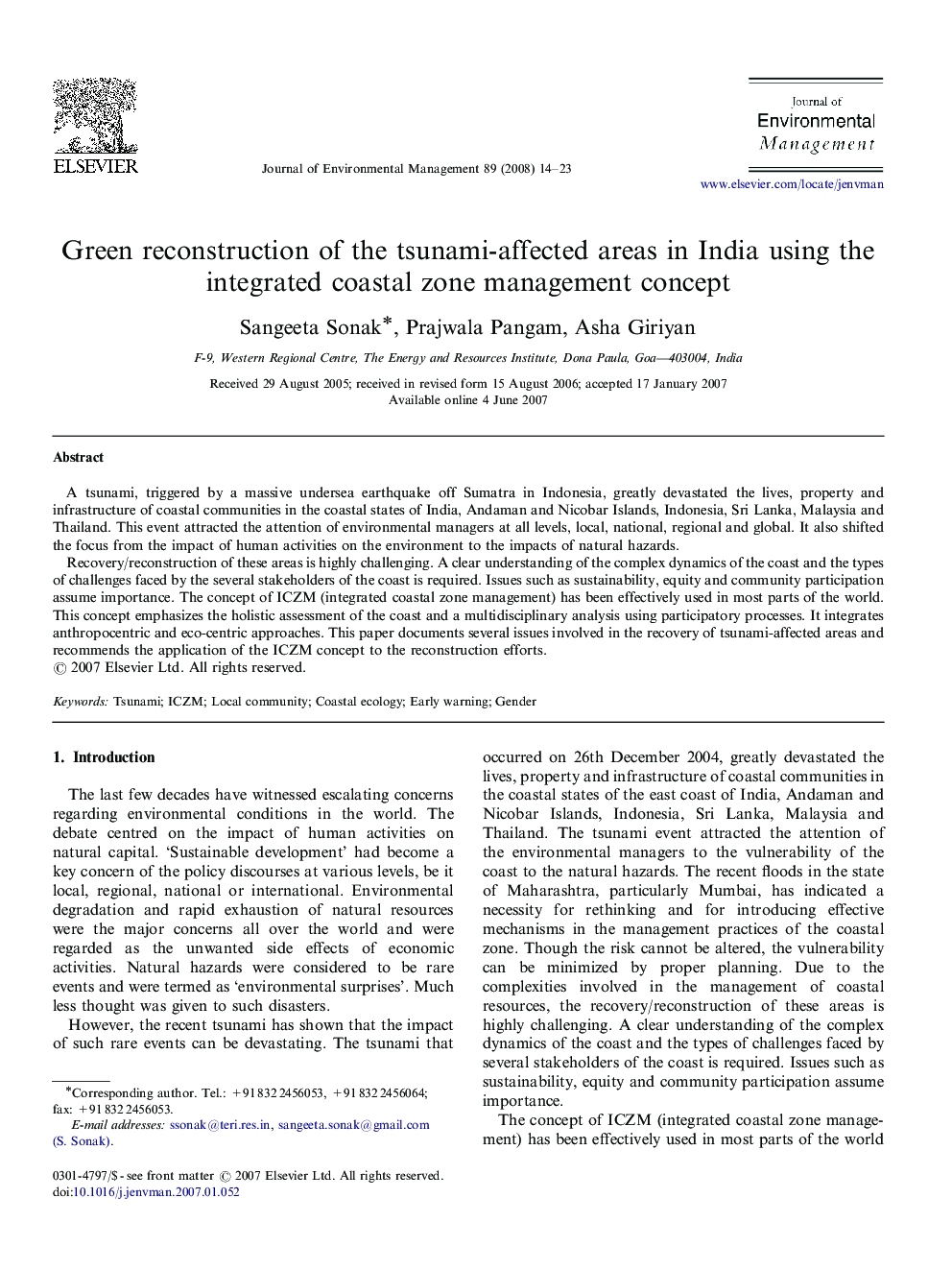 Green reconstruction of the tsunami-affected areas in India using the integrated coastal zone management concept