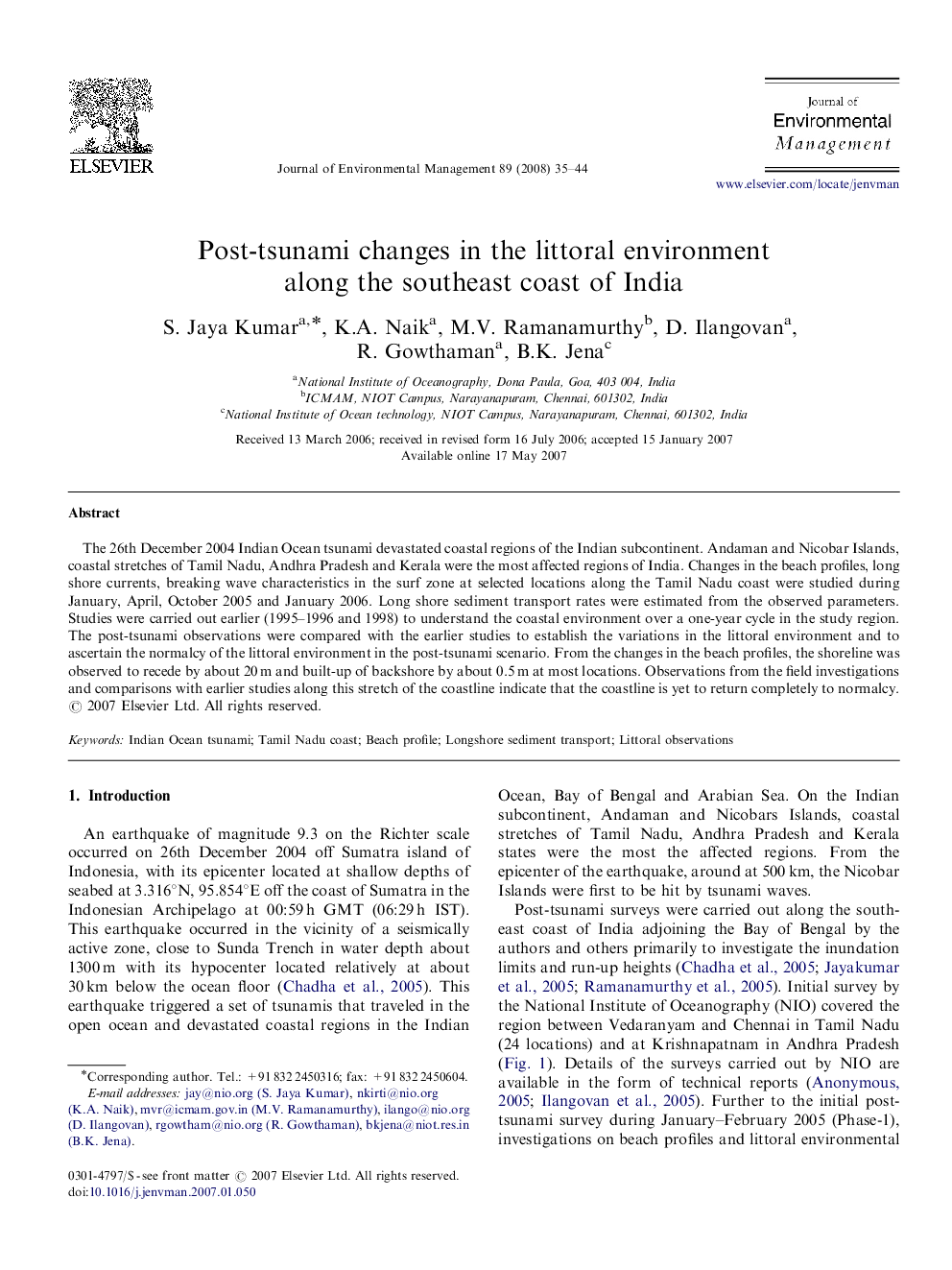 Post-tsunami changes in the littoral environment along the southeast coast of India