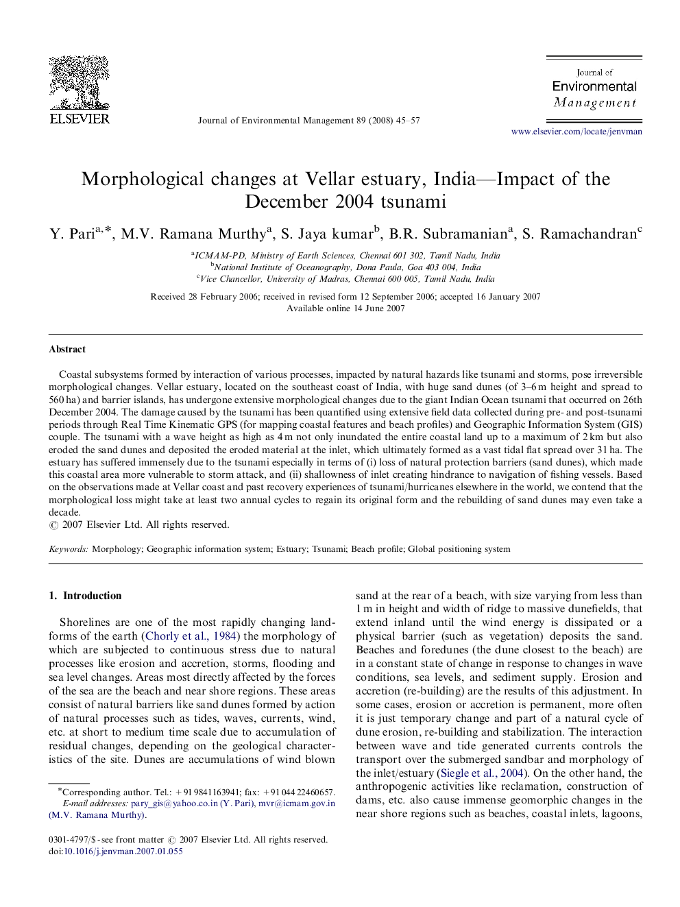 Morphological changes at Vellar estuary, India—Impact of the December 2004 tsunami