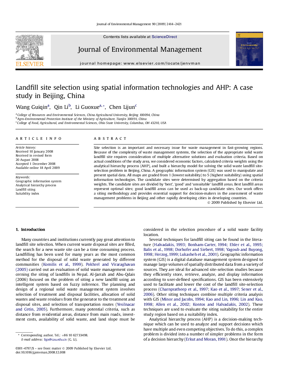 Landfill site selection using spatial information technologies and AHP: A case study in Beijing, China