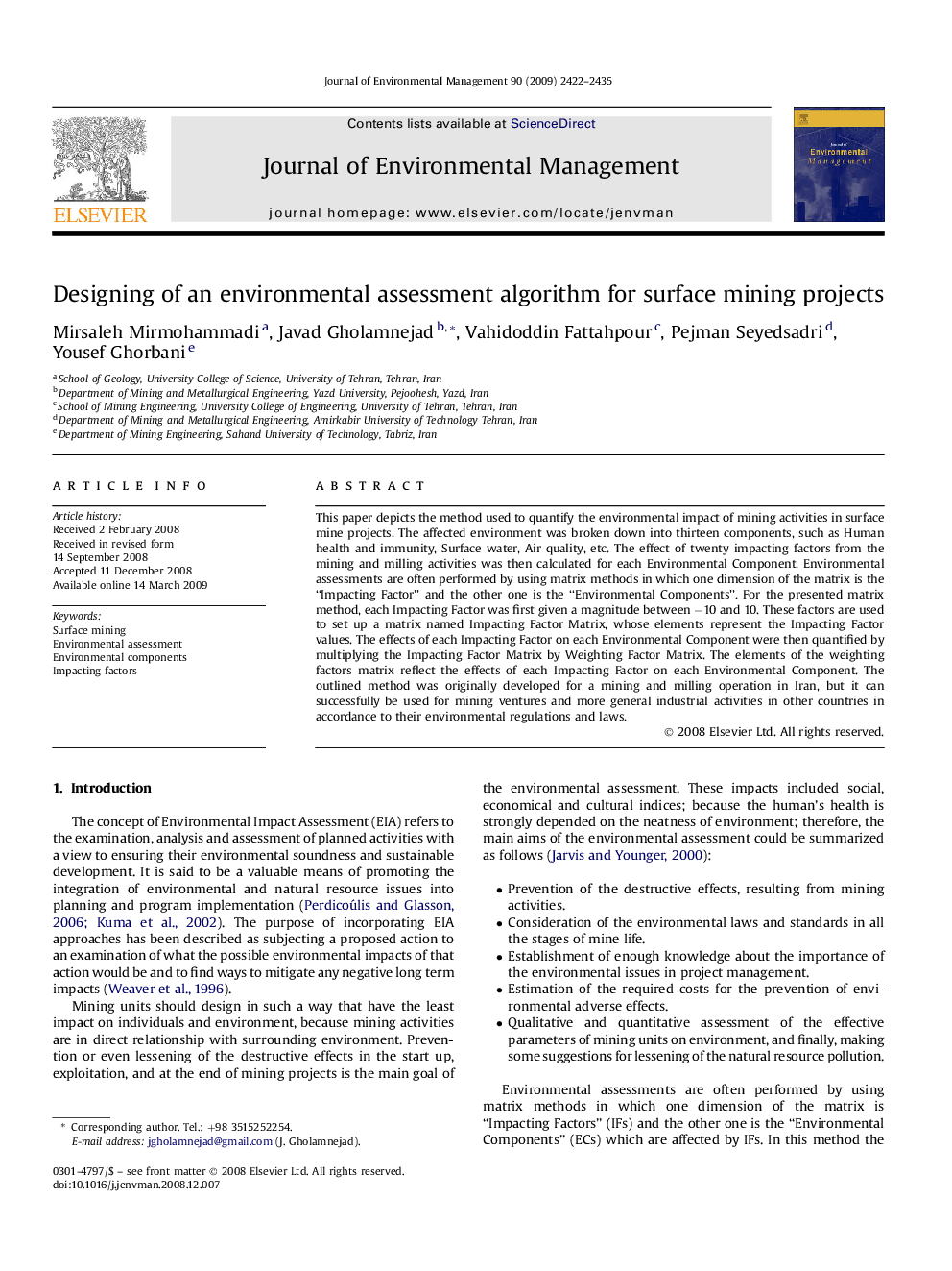 Designing of an environmental assessment algorithm for surface mining projects