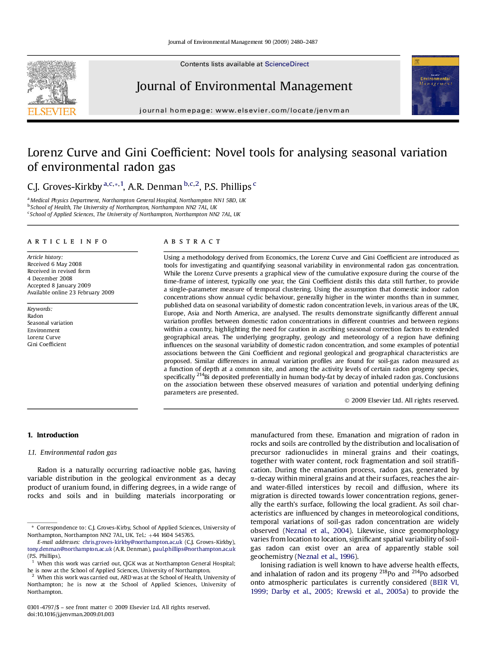 Lorenz Curve and Gini Coefficient: Novel tools for analysing seasonal variation of environmental radon gas