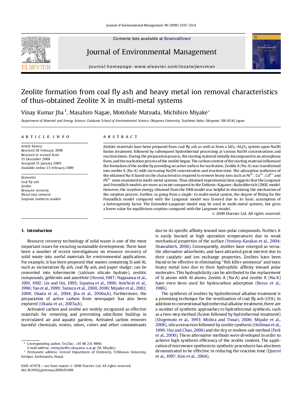 Zeolite formation from coal fly ash and heavy metal ion removal characteristics of thus-obtained Zeolite X in multi-metal systems